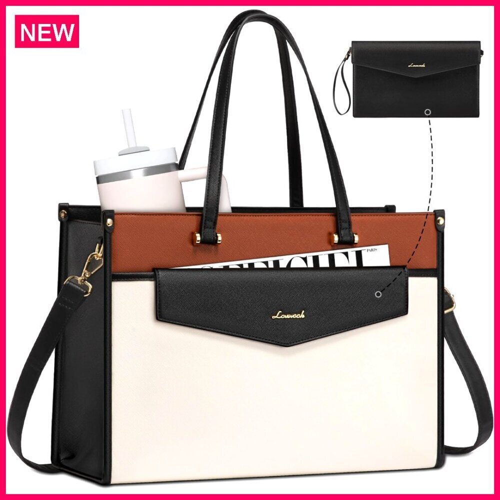 15.6" Laptop Tote Bag with Detachable Clutch, Waterproof Leather Professional